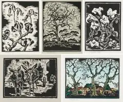 Gregoire Boonzaier, Arum Lilies; Deciduous Tree; Three Trees with Village; Still Life with Pig's Ear Plant (Cotyledon orbiculata); Donkey Cart, five, linocut