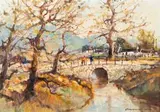 Christiaan Nice, Figures Crossing a Stone Bridge, oil on canvas laid down on board
