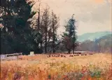 Christopher Tugwell, Farm Scene with Cows, oil on board