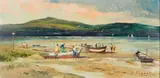 Christopher Tugwell, Boats with Fishermen, oil on canvas laid down on board