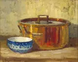 Still Life with a Copper Pot and a Blue and White Bowl by Adriaan Boshoff, oil on canvas laid down on board, offered May 2018