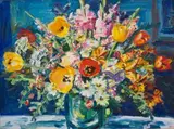 Gerhard Batha, Spring Flowers in a Vase, acrylic on canvas