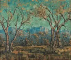 Stefan Ampenberger, Trees with Distant Mountain, oil on canvas laid down on board