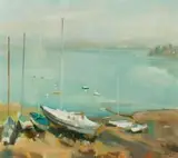 Clément Serneels, Yachts on the Shore, oil on canvas