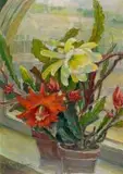 Anna Gasteiger, Still Life with Queen of the Night Cactus, oil on canvas laid down on board