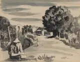 Peter Clarke, Main Village Street, watercolour and ink on paper