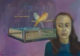 Alexander Podlashuc, Woman with Two Caged Budgerigars, oil on canvasboard