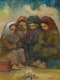 Amos Langdown, Four Children around a Fire, oil on canvas laid down on board