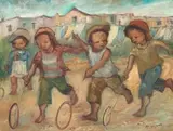 Children Playing with Hoops by Amos Langdown, oil on canvas laid down on board, sold May 2018