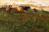 Cattle Grazing by Adriaan Boshoff, oil on canvas laid down on board, offered Nov 2018