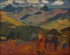 Alfred Krenz, Basotholand View with Figures and Ponies, oil on canvas