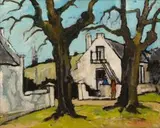 David Botha, Landscape with House and Two Figures, oil on canvas laid down on board