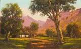 Tinus de Jongh, Landscape with Cottage and Mountains, oil on canvas