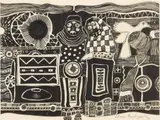Dan Rakgoathe, Abstract Composition with People and Bird, pen and ink on paper