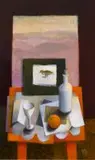 Susan Helm Davies, Still Life with Embroidered Bird, acrylic on board
