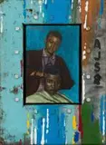 Willie Bester, Barber, oil on canvas laid down on board in artist's frame