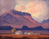 Houses at the Foot of a Mountain by Jacobus Hendrik Pierneef, oil on board, sold Nov 2018