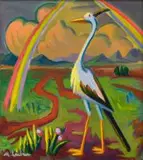 Bird in a Landscape with Rays by Maggie Laubser, oil on canvas laid down on board, offered Nov 2018