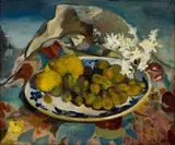 Maud Sumner, Still Life with Blossoms and Fruit, oil on canvas laid down on board