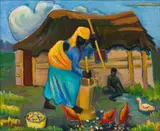 Woman Stamping Mealies by Maggie Laubser, oil on canvas laid down on board, offered Nov 2018
