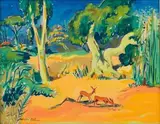 Landscape with Antelope by Walter Battiss, oil on board, sold Nov 2018