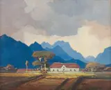 Boereplaas, Wellington, Kaap by Jacobus Hendrik Pierneef, oil on board, sold Nov 2018
