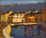 Fishing Harbour, Belgium, recto; Sunset, verso by Maggie Laubser, oil on board, sold Nov 2018