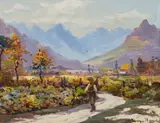 A Figure Walking Down A Mountain Path by Hugo Naude, oil on board, sold Jun 2018