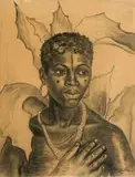 Maggie Laubser, Portrait of a Girl with Leaves, charcoal on brown paper