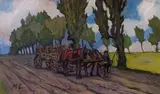 Maggie Laubser, Horsecart with Trees, oil on card