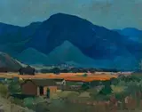 Mountain Landscape with Figures and Houses by Piet van Heerden, oil on canvas, sold Jun 2018