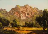 Farm Cottage and Mountains by Tinus de Jongh, oil on canvas, offered Jun 2018