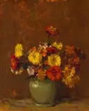 Zinnias in a Green Vase by Adriaan Boshoff, oil on board, offered Jun 2018