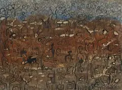 Gordon Vorster, A Crowd of Figures in a Landscape, mixed media on board