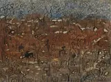 Gordon Vorster, A Crowd of Figures in a Landscape, mixed media on board