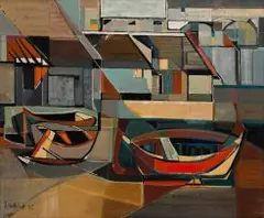 Sidney Goldblatt, Boats, Spain I, oil on canvas laid down on board