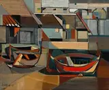 Sidney Goldblatt, Boats, Spain I, oil on canvas laid down on board