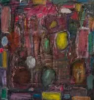 Dwelling by David Koloane, mixed media on canvas, sold Jun 2018