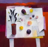 Susan Helm Davies, Still Life with Black Arums, acrylic on board
