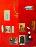 Simon Stone, Red Painting with Mask, oil on board