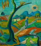 Landscape with Figure and Ducks by Maggie Laubser, oil on board, sold Jun 2018