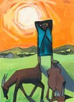 Peter Clarke, Goats Grazing Under a Winter's Sun, egg tempera on paper