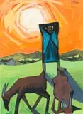 Peter Clarke, Goats Grazing Under a Winter's Sun