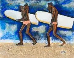 Peter Clarke, Surfers, mixed media on card