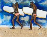 Peter Clarke, Surfers, mixed media on card