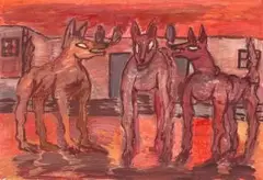 David Koloane, Three Street Dogs, mixed media on paper