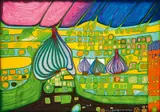 Yellow last will by Friedensreich Hundertwasser, 1971, Farbserigrafie über Silberfolie auf festem Karton, Kanten original mit schwarzem Gewebeklebeband eingefasst, sold Nov 2015