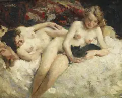 Paul Paede, Zwei Mädchen mit Katze, Öl auf Leinwand