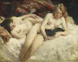 Paul Paede, Zwei Mädchen mit Katze, Öl auf Leinwand