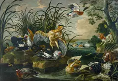 Jan Fyt, Jagdhunde bedrängen Enten und Rohrdommeln an einem Weiher, Öl auf Leinwand